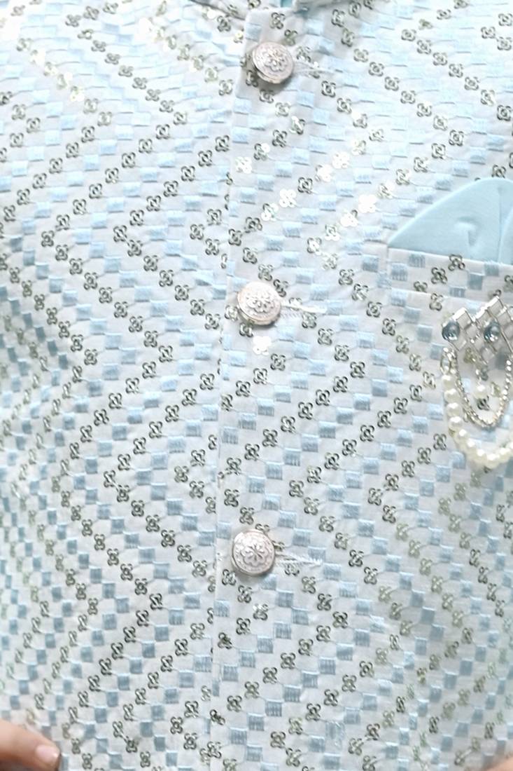 Boys zigzag embroidered sequined waistcoat with kurta & pant set - ice blue