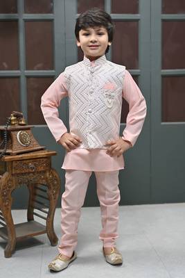 Boys zigzag embroidered sequined waistcoat with kurta & pant set - rose pink 1