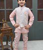 Boys zigzag embroidered sequined waistcoat with kurta & pant set - rose pink