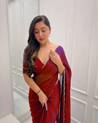 Red Colour Beautiful Chinnon Fabric Fully Hand Work Saree With Unstitched Blouse 1