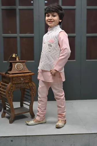 Boys zigzag embroidered sequined waistcoat with kurta & pant set - rose pink