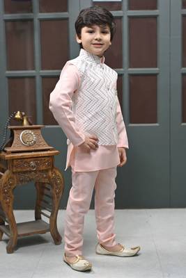 Boys zigzag embroidered sequined waistcoat with kurta & pant set - rose pink 3