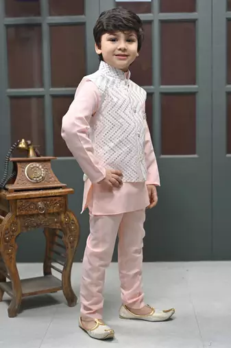 Boys zigzag embroidered sequined waistcoat with kurta & pant set - rose pink