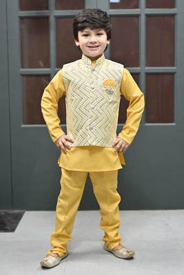 Boys zigzag embroidered sequined waistcoat with kurta & pant set - yellow 1