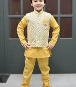 Boys zigzag embroidered sequined waistcoat with kurta & pant set - yellow