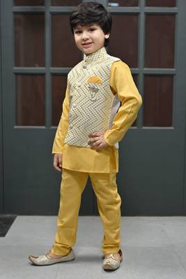 Boys zigzag embroidered sequined waistcoat with kurta & pant set - yellow 2
