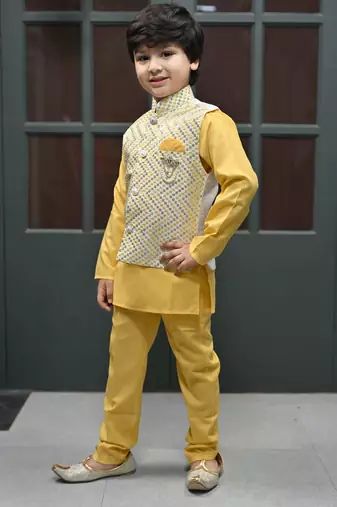 Boys zigzag embroidered sequined waistcoat with kurta & pant set - yellow