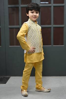 Boys zigzag embroidered sequined waistcoat with kurta & pant set - yellow 3