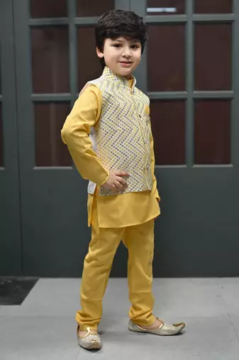 Boys zigzag embroidered sequined waistcoat with kurta & pant set - yellow