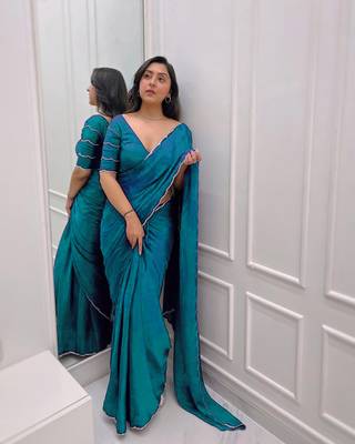 More Peach Colour Beautiful Chinnon Fabric Fully Hand Work Saree With Unstitched Blouse 1