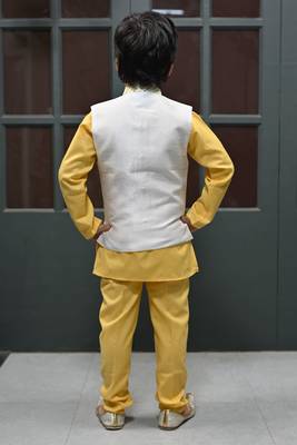 Boys zigzag embroidered sequined waistcoat with kurta & pant set - yellow 4