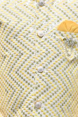 Boys zigzag embroidered sequined waistcoat with kurta & pant set - yellow 5