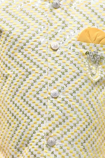 Boys zigzag embroidered sequined waistcoat with kurta & pant set - yellow
