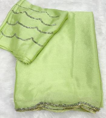 Pista Colour Beautiful Chinnon Fabric Fully Hand Work Saree With Unstitched Blouse 2