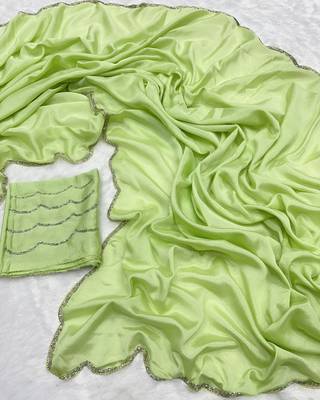 Pista Colour Beautiful Chinnon Fabric Fully Hand Work Saree With Unstitched Blouse 1