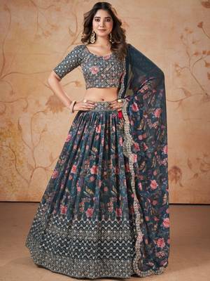 Digital Print Georget Multi Sequnce Work Lehenga Choli With Unstitched Blouse and Stitched print Dupatta For Women 1