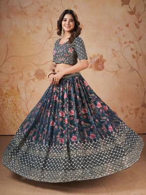 Digital Print Georget Multi Sequnce Work Lehenga Choli With Unstitched Blouse and Stitched print Dupatta For Women 2