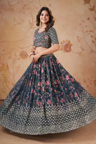 Digital Print Georget Multi Sequnce Work Lehenga Choli With Unstitched Blouse and Stitched print Dupatta For Women