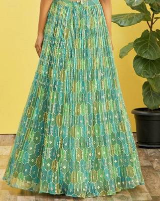 green mirror work and digital print organza party lehenga set choli with dupatta 4