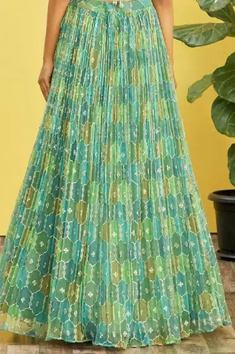 green mirror work and digital print organza party lehenga set choli with dupatta