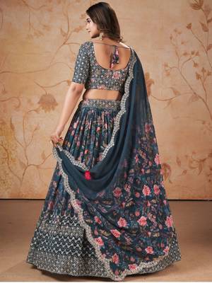 Digital Print Georget Multi Sequnce Work Lehenga Choli With Unstitched Blouse and Stitched print Dupatta For Women 3