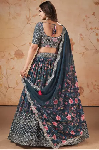 Digital Print Georget Multi Sequnce Work Lehenga Choli With Unstitched Blouse and Stitched print Dupatta For Women
