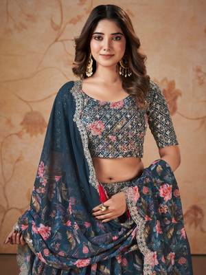 Digital Print Georget Multi Sequnce Work Lehenga Choli With Unstitched Blouse and Stitched print Dupatta For Women 4