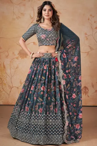 Digital Print Georget Multi Sequnce Work Lehenga Choli With Unstitched Blouse and Stitched print Dupatta For Women