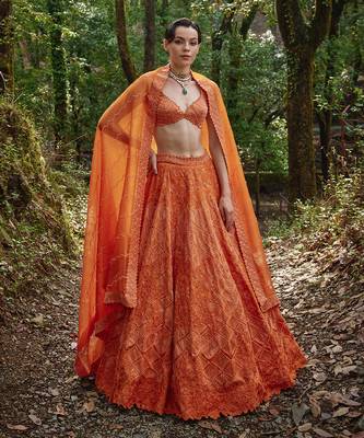 Orange embroidered Organza Lehenga Set 1