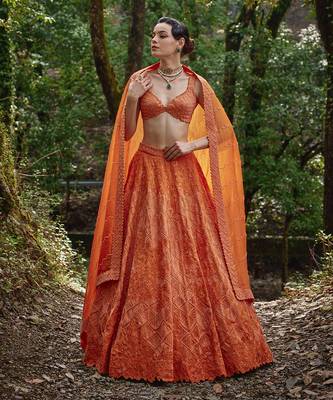 Orange embroidered Organza Lehenga Set 2