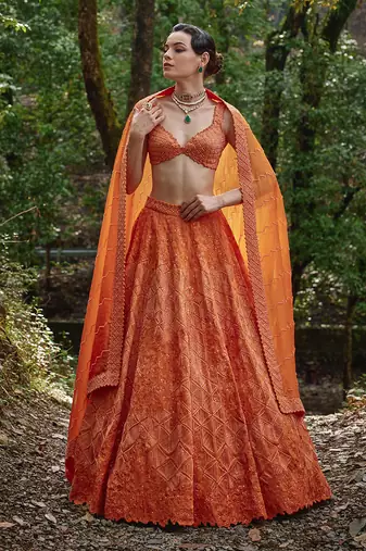 Orange embroidered Organza Lehenga Set