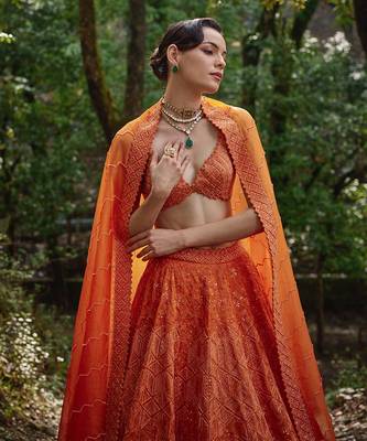 Orange embroidered Organza Lehenga Set 3