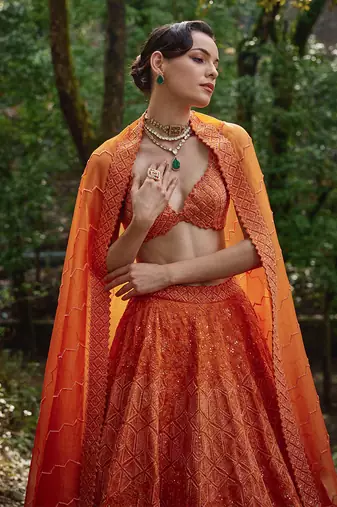 Orange embroidered Organza Lehenga Set