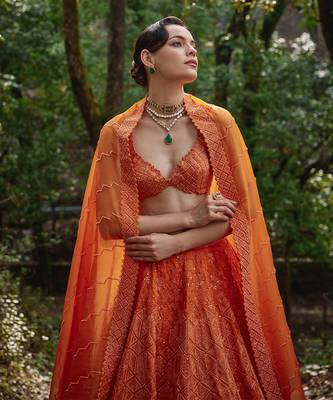 Orange embroidered Organza Lehenga Set 4