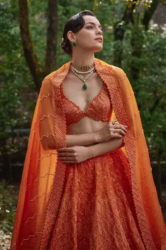 Orange embroidered Organza Lehenga Set