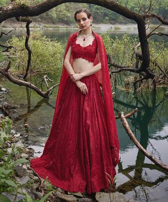 scarlet red embroidered Organza Lehenga Set 1