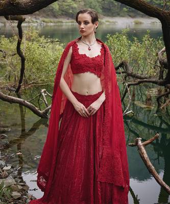 scarlet red embroidered Organza Lehenga Set 2