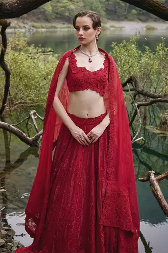 scarlet red embroidered Organza Lehenga Set