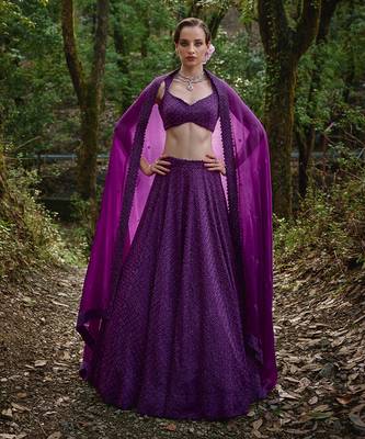 Dark purple embroidered Organza Lehenga Set 1