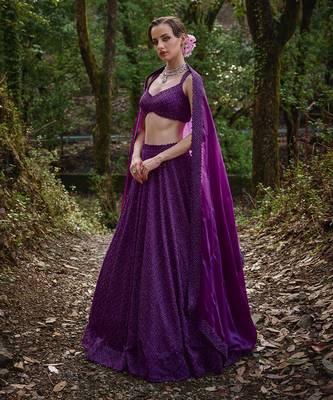 Dark purple embroidered Organza Lehenga Set 2