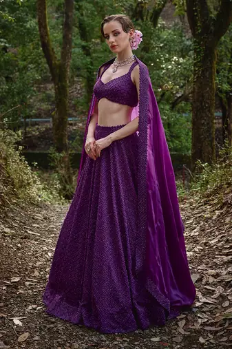 Dark purple embroidered Organza Lehenga Set