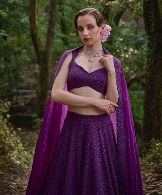 Dark purple embroidered Organza Lehenga Set 3