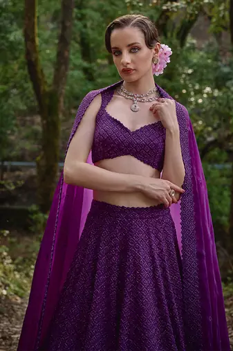 Dark purple embroidered Organza Lehenga Set