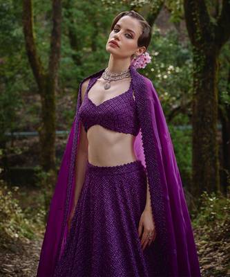 Dark purple embroidered Organza Lehenga Set 4