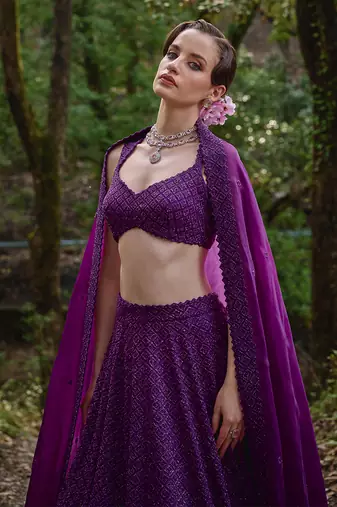 Dark purple embroidered Organza Lehenga Set