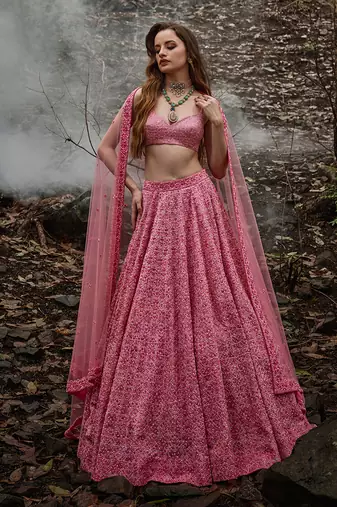 Pink embroidered Organza Lehenga Set