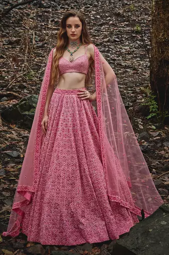 Pink embroidered Organza Lehenga Set