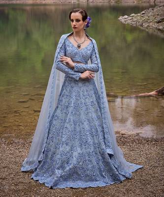 blue embroidered Organza Lehenga Set 1