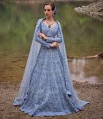 blue embroidered Organza Lehenga Set