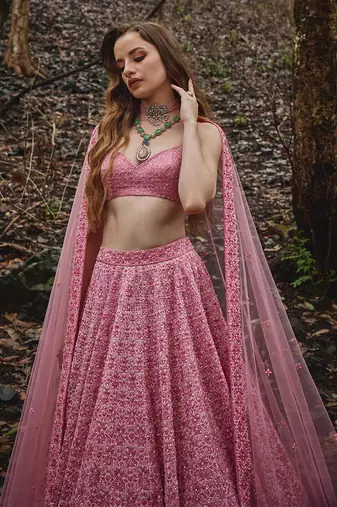 Pink embroidered Organza Lehenga Set